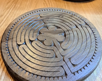 black walnut finger labyrinth, solid hardwood, 9-inch diameter, made in Quebec