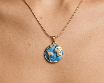 Gold Plated World Necklace: Stainless Steel Earth Pendant, Travel Jewelry