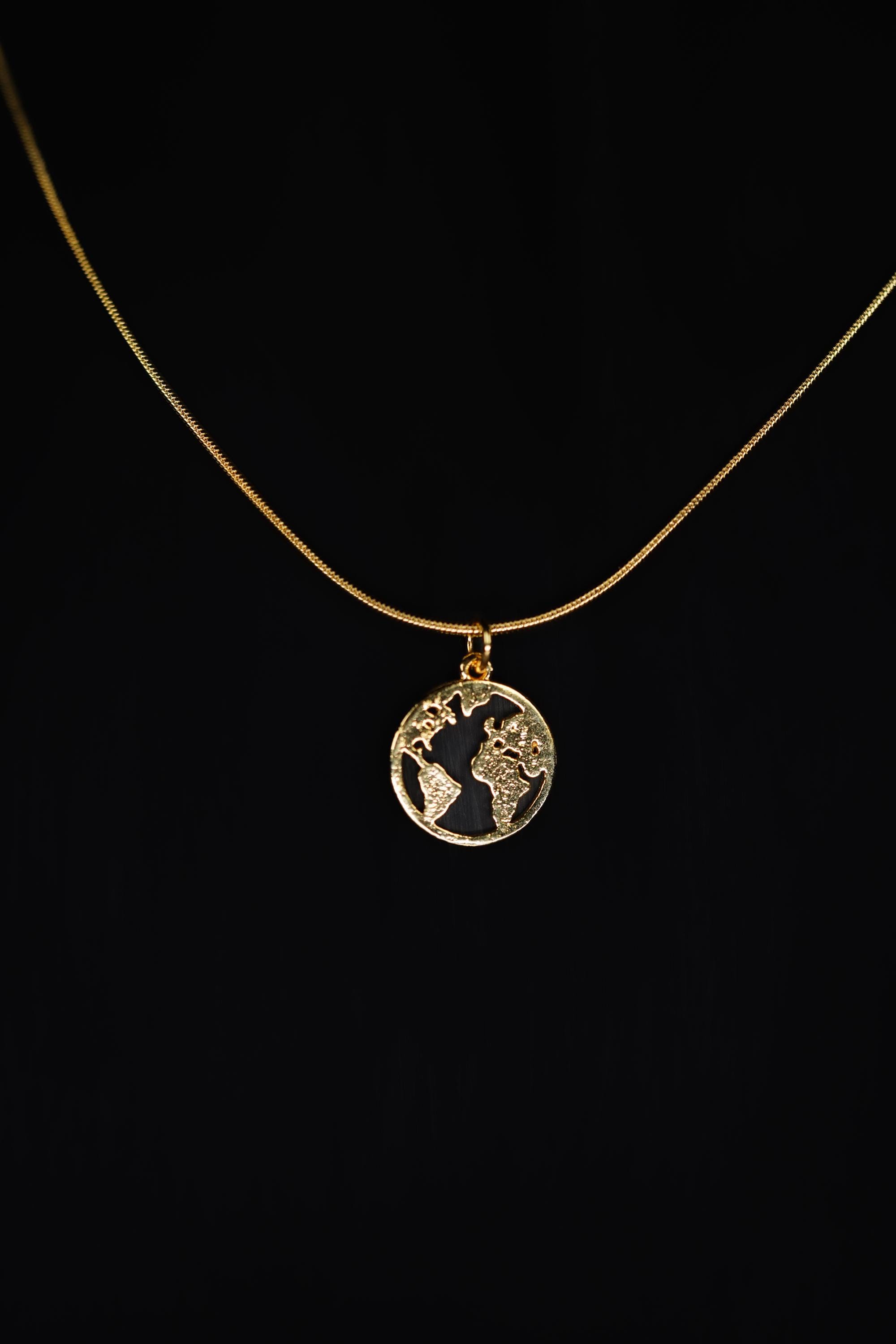 Gold Plated World Necklace: Stainless Steel Travel Pendant