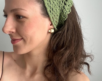 Crochet Green Handmade Cotton Bandana: Boho Cottagecore Knit Head Scarf