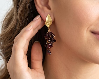 Garnet Cluster Earrings: Gold Leaf, Deep Red Dangle - Handmade Earrings
