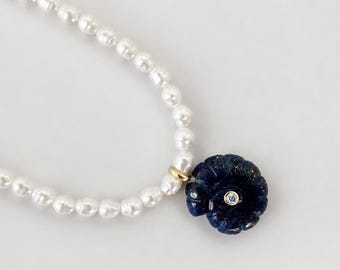 Hand-Carved Lapis Flower Pearl Necklace, Freshwater Beaded Pendant, Coastal Summer Jewelry