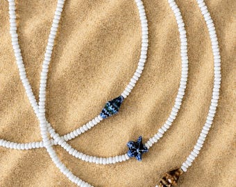 White Beaded Starfish Necklace, Ocean Inspired Coastal Choker, Summer Beach Jewelry