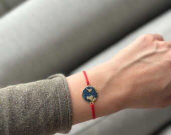 World Map Bracelet: 18k Gold Plated Stainless Steel, Red String