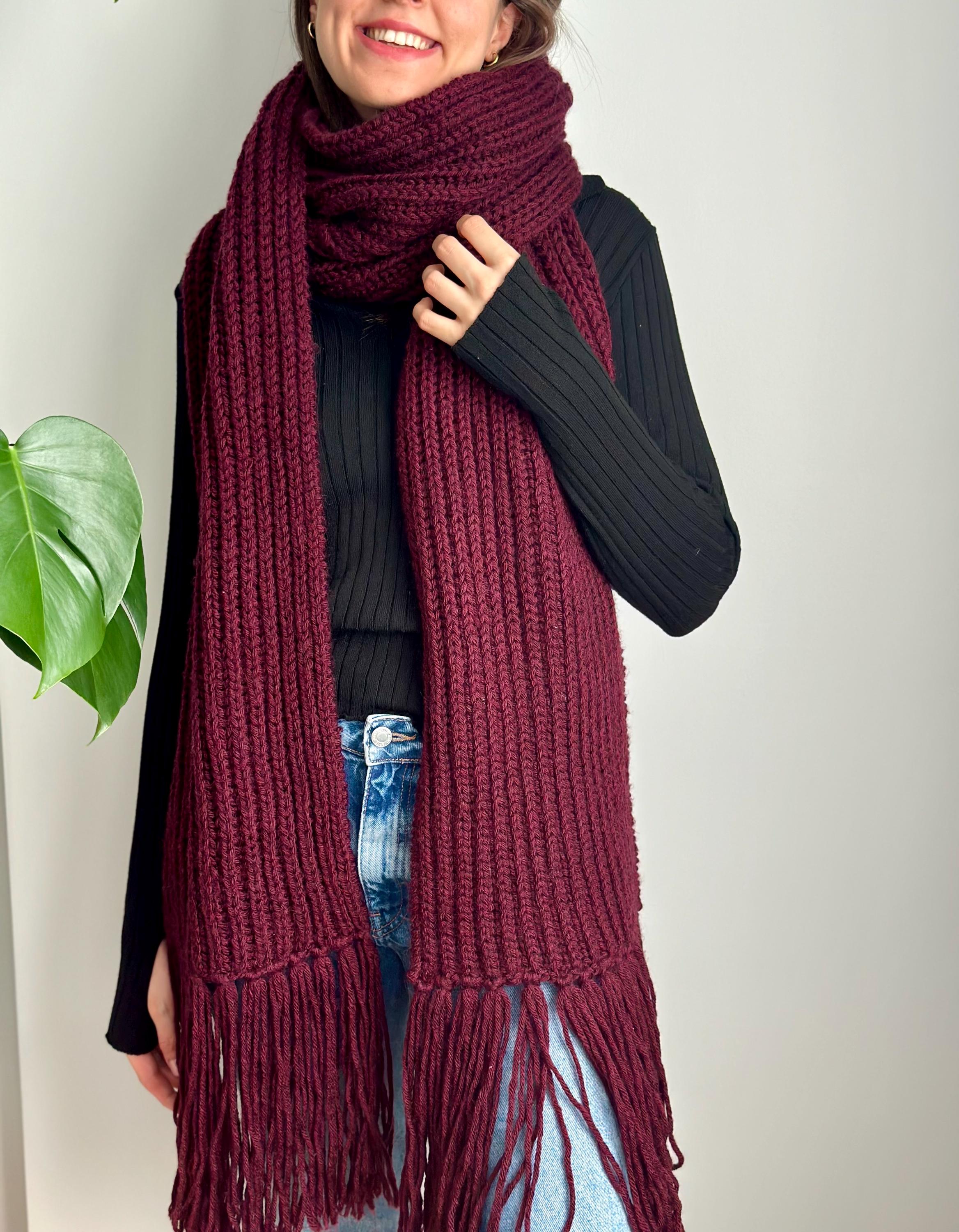 Burgundy Knitted Scarf With Tassels: Extra Long Wool Unisex Scarf