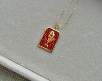Red Fish Pendant Necklace – Gold Chain Enamel Charm – Unique Statement Jewelry – Gift for Mom