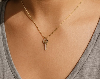 Dainty Gold Key Necklace: Minimalist Charm Jewelry for Her or Him
