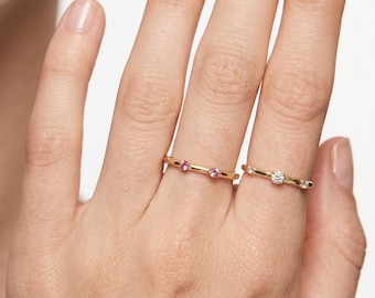 Minimalist Gold Stacking Ring, Pink Cubic Zirconia, Thin Band Everyday Jewelry