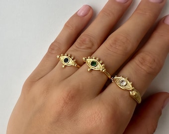 Gold Evil Eye Ring: Dainty 18k Plated Stainless Steel, Adjustable