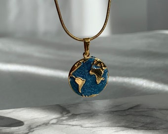 Gold Plated World Necklace: Stainless Steel Earth Pendant, Travel Jewelry