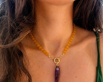 Natural Stone Fish Pendant Necklace – Colorful Beaded Boho Jewelry