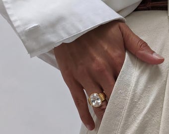 Gold Oval Crystal Statement Ring, Adjustable Textured Band Cocktail Ring