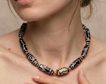 Chunky Ceramic Tribal Necklace | Brown White Boho Statement Jewelry