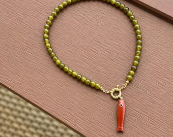 Olive Green Gemstone Fish Necklace, Mediterranean Coastal Jewelry, Red Agate Gemstone