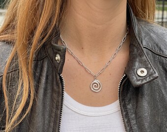Silver Spiral Pendant Necklace, Minimalist Swirl Chain, Y2K Style Jewelry