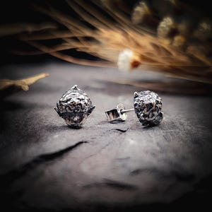 May include: Two silver acorn stud earrings. The earrings are detailed with textured surfaces and a realistic acorn design. The earrings are displayed on a dark, textured surface, with blurred foliage in the background.