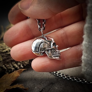 Handcrafted Large Silver Skull Pendant | Side Profile Human Skull Necklace