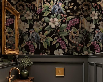 dark botanical wallpaper snake monkeys,jungle wallpaper, art deco wallpaper, tropical wallpaper