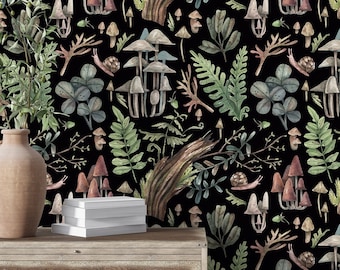 Mushroom Wallpaper: Dark Woodland Peel and Stick Wall Mural
