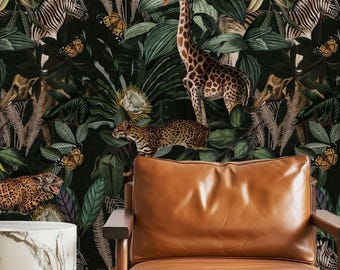 Mörk djungeltapet, mörk botanisk tapet, djungeltapet, självhäftande tapet, non-woven vinyltapet
