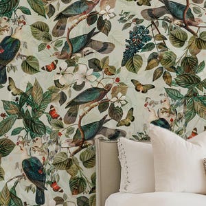 Peel and Stick Birds Wallpaper: Green Floral Vinyl Wall Decor