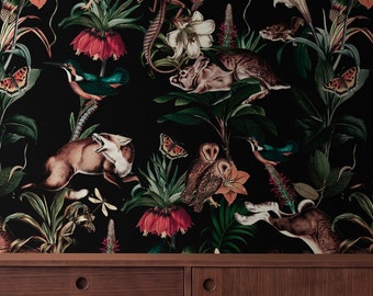 dark academia wallpaper, dark wallpaper, dark forest wallpaper, dark peel and stick wallpaper, removable vintage wallpaper,,