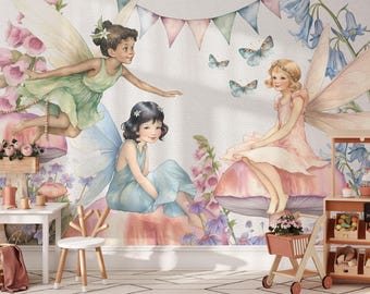 Watercolor Fairy Peel and Stick Wallpaper, Nursery Mural