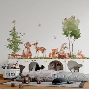 forest animals wall decals with tree decal, nursery forest peel and stick decals, forest animal stickers,