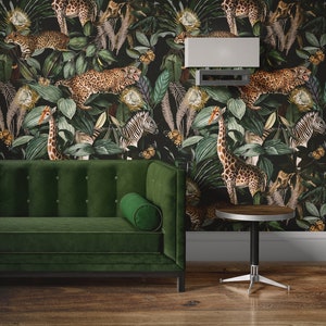 Cheetah jungle wallpaper in tropical dark style – cheetahs prowling with monkeys, giraffes and zebras in lush botanical leaves