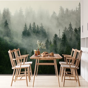 forest wallpaper, tree wallpaper peel and stick, moody wallpaper, temporary wallpaper, farmhouse wallpaper, foggy landscape wallpaper