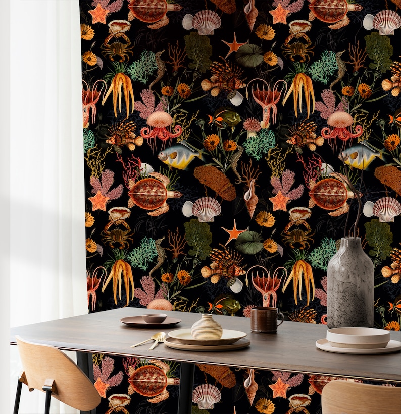 Ocean Peel and Stick Wallpaper – luxurious under the sea pattern featuring detailed sea turtles, colorful fish and vibrant marine life on deep black. Elegant renters wallpaper.