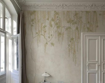 Wisteria Wallpaper Mural - Chinoiserie Wallpaper, Hanging Wisteria Wall Mural, Botanical Wallpaper, Luxury Neutral Wall Decor