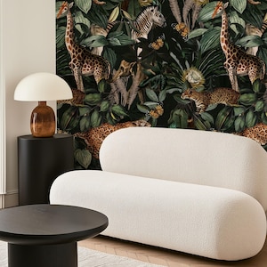 Tropical wallpaper mural showcasing dark botanical jungle pattern with cheetahs and monkeys, giraffes, zebras and exotic leaves