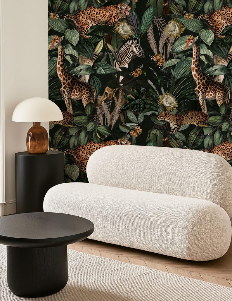 Tropical wallpaper mural showcasing dark botanical jungle pattern with cheetahs and monkeys, giraffes, zebras and exotic leaves