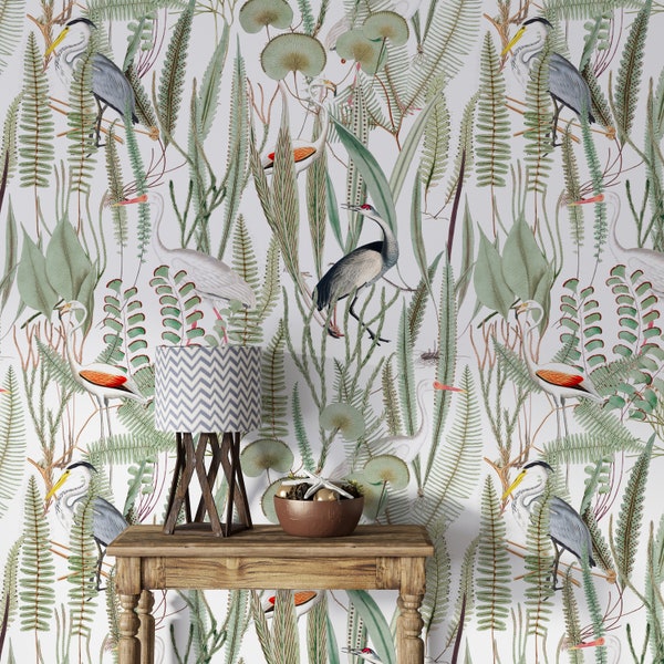 chinoiserie wallpaper, blue heron wallpaper, bird wallpaper, removable vintage wallpaper,  bird wallpaper light green, light green wallpaper