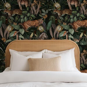 Dark botanical jungle wallpaper featuring cheetahs and monkeys among tall palms, giraffes, zebras and fluttering butterflies