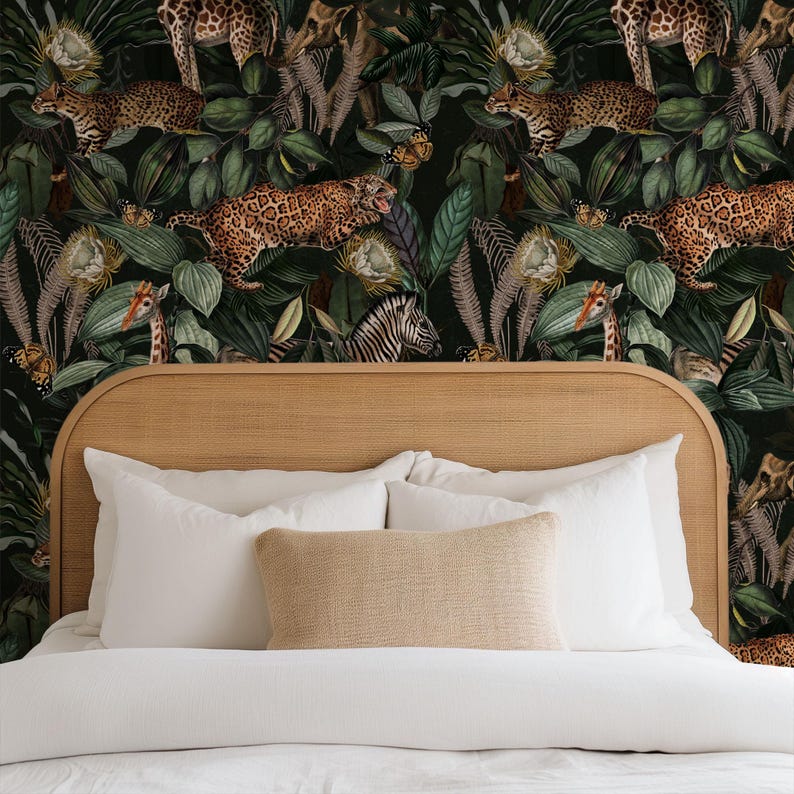 Dark botanical jungle wallpaper featuring cheetahs and monkeys among tall palms, giraffes, zebras and fluttering butterflies
