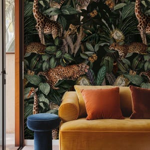 Art deco inspired jungle wallpaper: dark botanical design with cheetahs, monkeys, giraffes, zebras and butterflies in rich green foliage