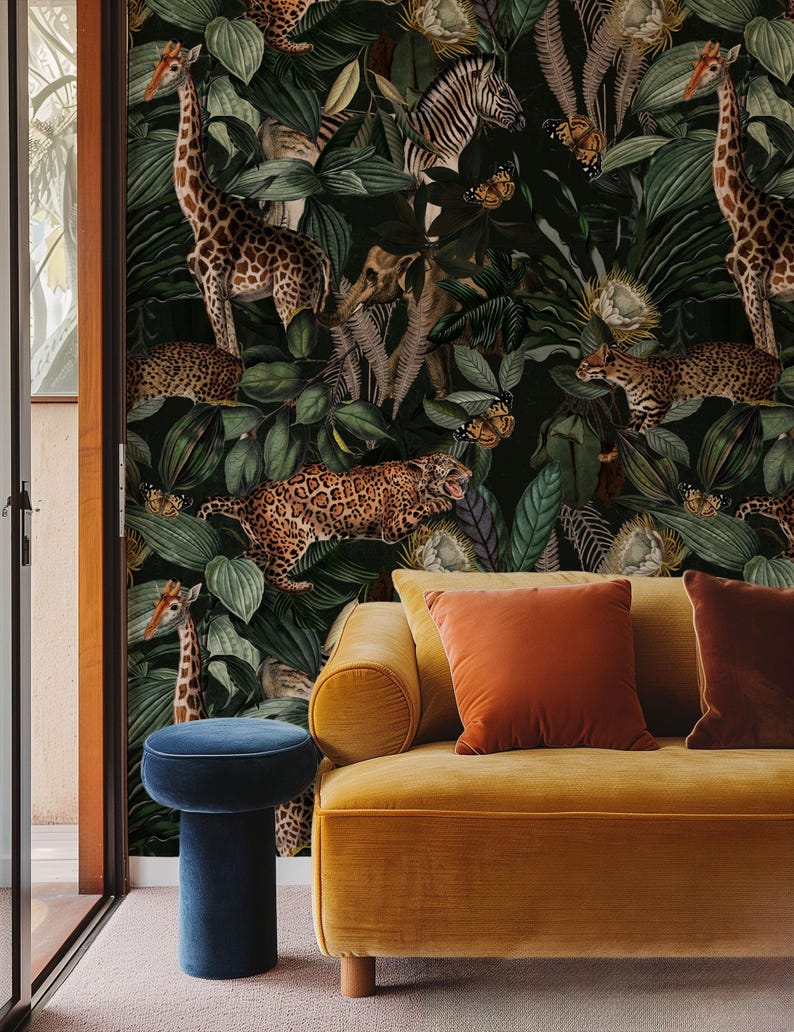 Art deco inspired jungle wallpaper: dark botanical design with cheetahs, monkeys, giraffes, zebras and butterflies in rich green foliage