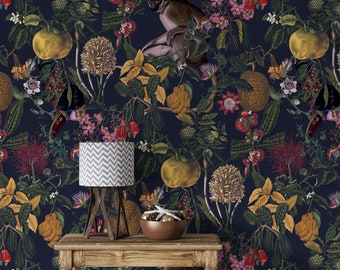 dark botanical wallpaper, removable vintage wallpaper, dark wallpaper, removable wall mural,  dark green wallpaper