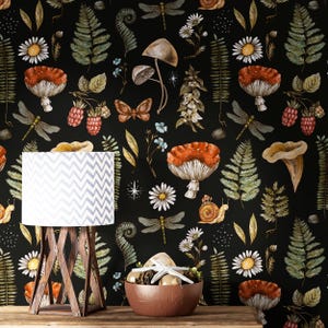 papier peint pour chambre des murs, champignon, papier peint forêt, motif champignon foncé,