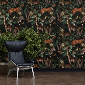 Jungle wallpaper dark botanical edition – cheetahs and monkeys hidden in foliage with giraffes, zebras and art deco tropical vibes
