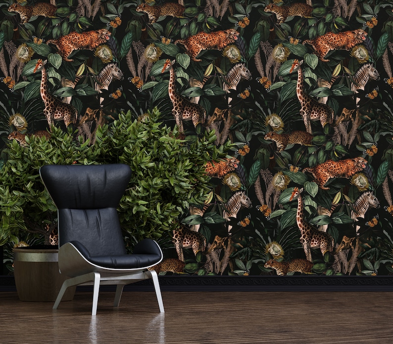 Jungle wallpaper dark botanical edition – cheetahs and monkeys hidden in foliage with giraffes, zebras and art deco tropical vibes
