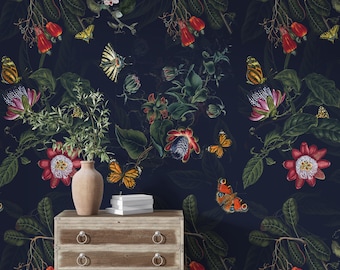 dark botanical wallpaper, moody wallpaper, dark floral wallpaper, dark vintage wallpaper,