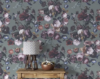 Dark botanical wallpaper, art deco wallpaper, dark floral wallpaper, rose wallpaper, Floral Wall Decor, Renters Wallpaper