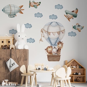 Safari animal decor for nursery room, Hot air balloons with animals wall decals, savanna nursery animals for kids room