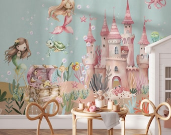 Mural de papel pintado de sirenas: decoración mágica para la habitación del bebé con temática oceánica, autoadhesivo.