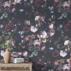 dark botanical wallpaper, peel and stick wallpaper, dark floral wallpaper