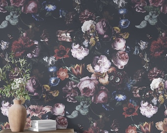 dark botanical wallpaper, dark moody wallpaper, botanical wall decor, botanical wall mural, gothic wallpaper, unique wallpaper