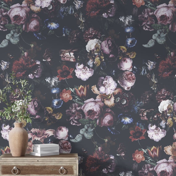 dark botanical wallpaper, dark moody wallpaper, botanical wall decor, botanical wall mural, gothic wallpaper, unique wallpaper